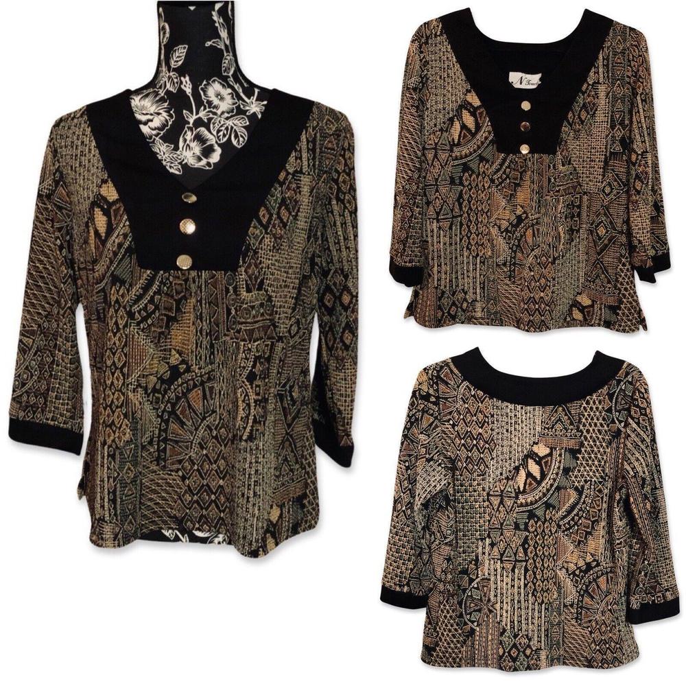 Vintage N Touch V Neck Button 3/4 Sleeve Women M Tan